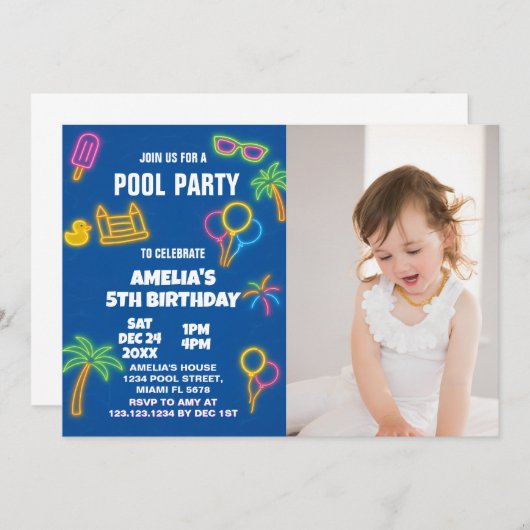 Glow Pool Party verjaardagsuitnodiging met foto Kaart (Voorkant / Achterkant)
