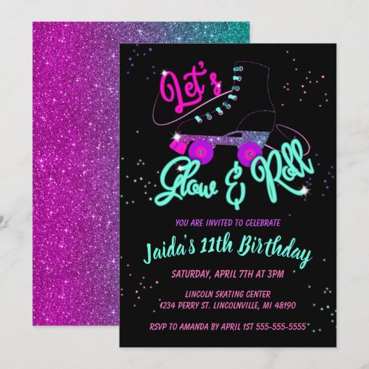 Glow Roller Skate Verjaardagsuitnodiging Kaart (Voorkant / Achterkant)