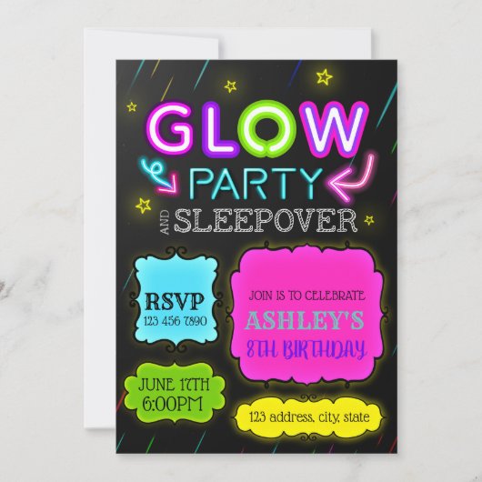 Glow-sleepover-uitnodiging Kaart (Voorkant)