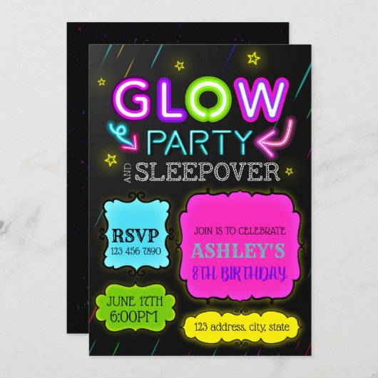Glow-sleepover-uitnodiging Kaart (Voorkant / Achterkant)
