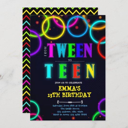 Glow tween naar tiener verjaardag uitnodigingskaar kaart (Voorkant / Achterkant)
