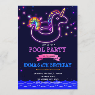Glow unicorn zwembad thema party Uitnodiging