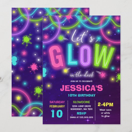 Glow verjaardagsuitnodiging Neon Glow Dance Party Kaart (Voorkant / Achterkant)