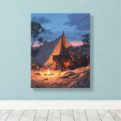 Glowing Campfire Tent Sunset Painting Canvas Afdruk (Insitu (Houten vloer))