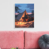 Glowing Campfire Tent Sunset Painting Canvas Afdruk (Insitu (Woonkamer))