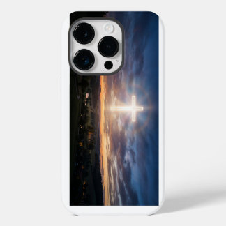 Glowing Christian Cross Sunset Sky iPhone Case 14 Plus Hoesje