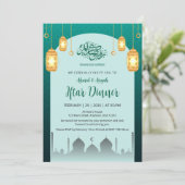 Glowing Golden Lanterns Teal Arch Iftar Invitation (Debout devant)
