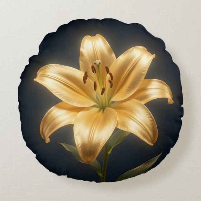 Glowing golden lily flower rond kussen (Voorkant)