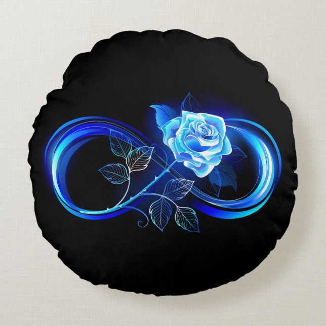 Glowing infinity with blue rose rond kussen (Voorkant)