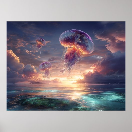 Glowing Jellyfish in Sunset Skies Poster (Voorkant)