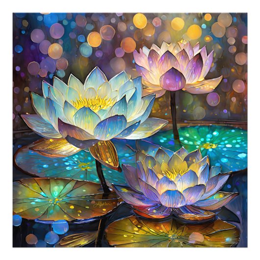 Glowing Lotus Flowers Trio Foto Afdruk (Voorkant)