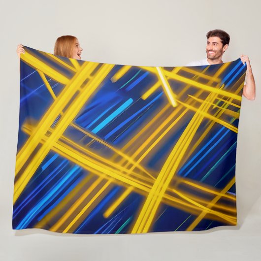 Glowing Neon Geometric Blue Yellow Dark Abstract Fleece Deken (In situ)