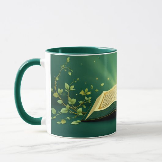Glowing Open Quran Islamic Mug – Spiritual Green (Gauche)