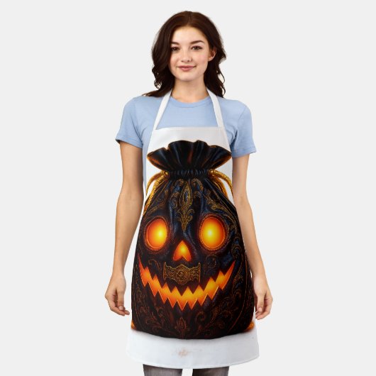 Glowing Pumpkin Face Apron | Halloween Kitchen Fun Schort (Gedragen)