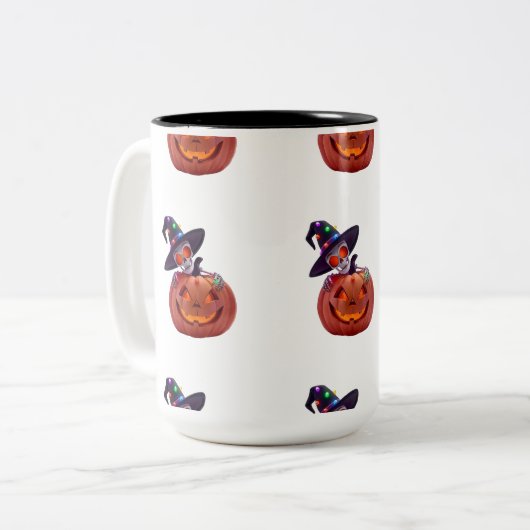 Glowing Skeleton and Pumpkin Halloween Magic Tweekleurige Koffiemok (Voorkant links)
