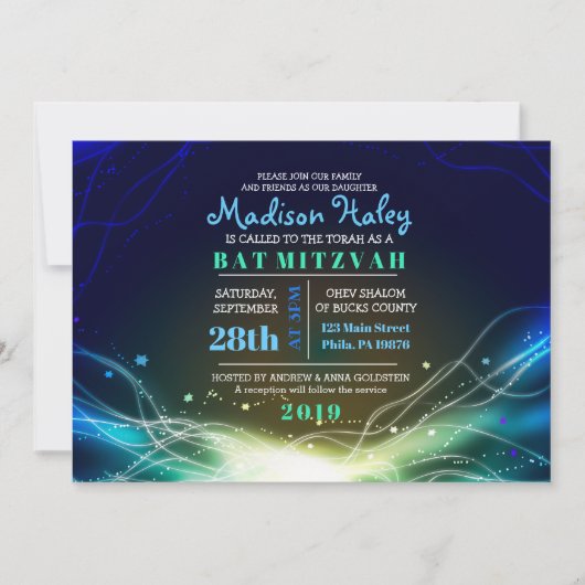 GLOWWING NEON Stars Bar Mitzvah Invitation bleu (Devant)