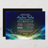 GLOWWING NEON Stars Bar Mitzvah Invitation bleu (Devant / Derrière)