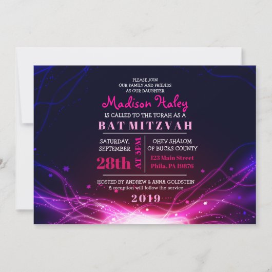 GLOWWING NEON STARS FUSCHIA Bat mitzvah Invitation (Devant)