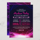 GLOWWING NEON STARS FUSCHIA Bat mitzvah Invitation (Devant / Derrière)