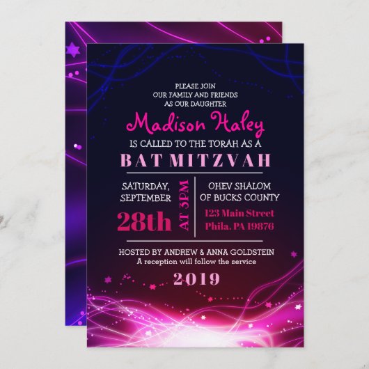 GLOWWING NEON STARS FUSCHIA Bat mitzvah Invitation (Devant / Derrière)