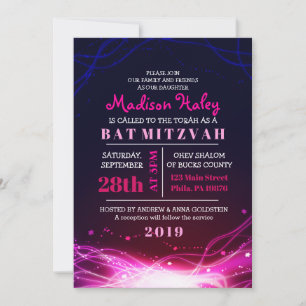 GLOWWING NEON STARS FUSCHIA Bat mitzvah Invitation