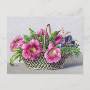Gloxinia en Ferns in mandje  Victoriaans Briefkaart