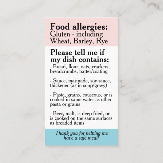 Glutenallergie Restaurant Kaart, Coeliakie Voedsel Visitekaartje (Achterkant)