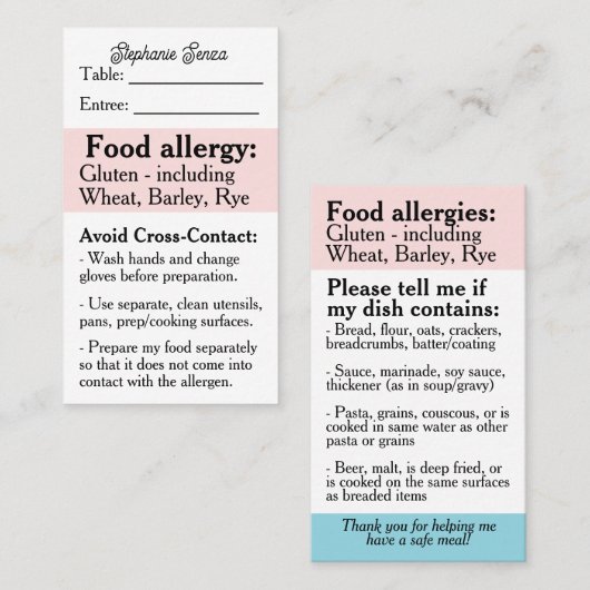 Glutenallergie Restaurant Kaart, Coeliakie Voedsel Visitekaartje (Voorkant / Achterkant)