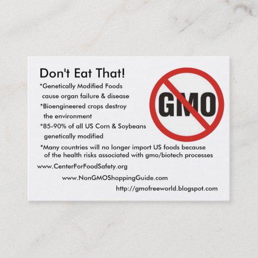 Gmo-vrij, eet dat niet!, *Genetisch gemodificeerd. Visitekaartje (Voorkant)