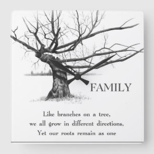 Gnarly Old Tree: Quote: FAMILY: Pencil Art Vierkante Klok