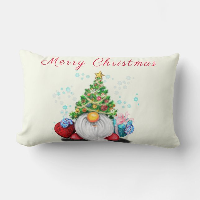 Gnome avec arbre de Noël Casquette Lumbar Coussin (Recto)