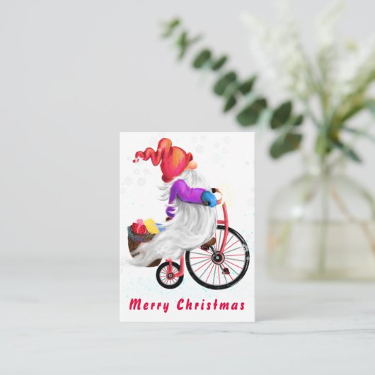 Gnome avec vélo et cadeaux Carte de Noël (Debout devant)