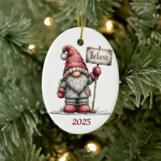 Gnome Ceramic Oval Christmas Ornament