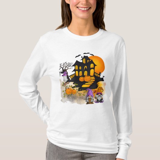 Gnome Couple, Haunted House, Ghost, JackO'Lantern T-shirt (Voorkant)