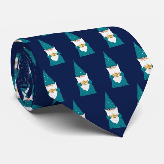 Gnome de Noël sorcier sur cravate bleu marine (Roulé)