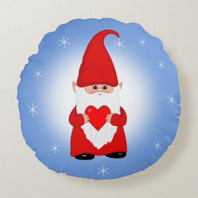 Gnome de Noël sur Coussin rond bleu clair (Devant)