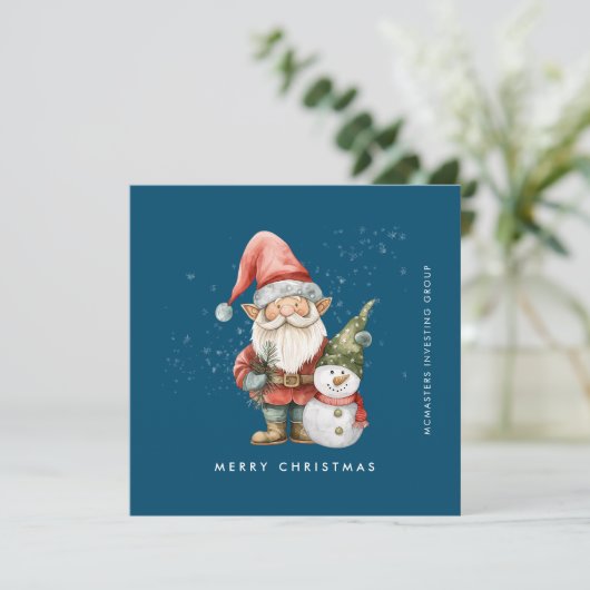 Gnome en Sneeuwman Vrolijk Kerstfeest Zakelijk Fla Feestdagenkaart (Staand voorkant)