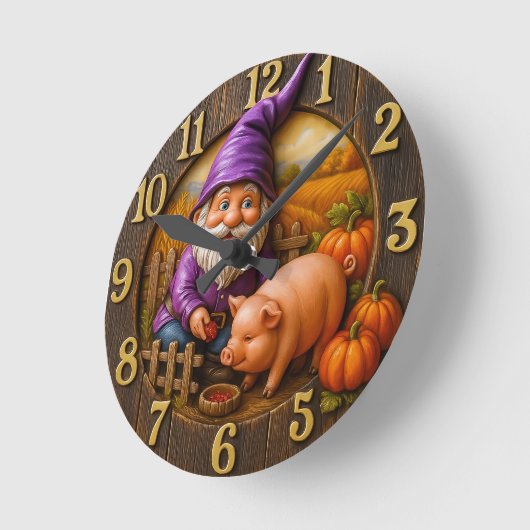 Gnome Feeding Pig in Autumn Farm Scene Clock Ronde Klok (Hoek)