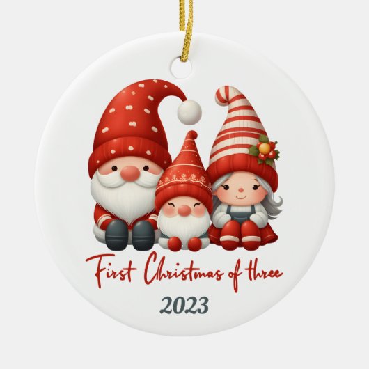 Gnome Feestdagen: Eerste Kerstmis van Drie ornamen Keramisch Ornament (Voorkant)