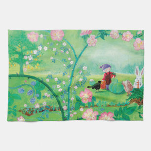 Gnome gardener, Blackbird, Hedgel & white Rabbit Theedoek