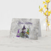 Gnome House Gouden Confetti Paarse Verjaardag Kaart (Gele Bloem)