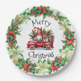 Gnome in rode vrachtwagen gevuld met geschenken papieren bordje