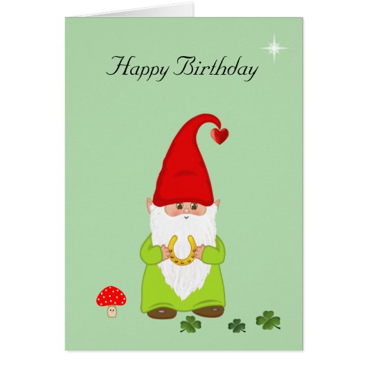 Gnome joyeux avec fer à cheval sur carte d'anniver (Devant)
