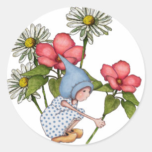 Gnome Meisje Plukken Bloemen, Fanstasy Art Ronde Sticker