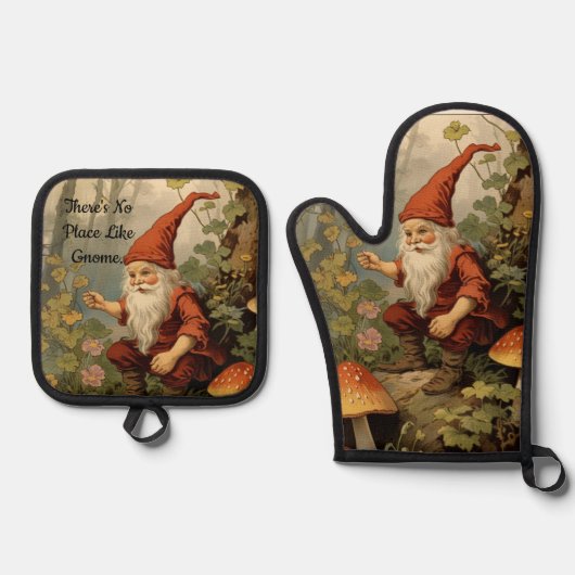 Gnome met champignons ovenwanten en pottenhouders  ovenwant & pannenlap set (Voorkant)