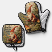 Gnome met champignons ovenwanten en pottenhouders  ovenwant & pannenlap set (Voorkant / Achterkant)