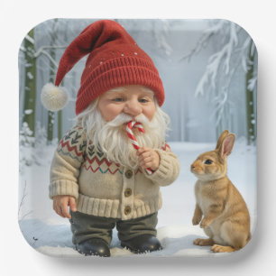 Gnome met het genieten van een snoepriet in Snowy Papieren Bordje