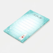 Gnome mignon sur un post-it turquoise et blanc (Incliné)