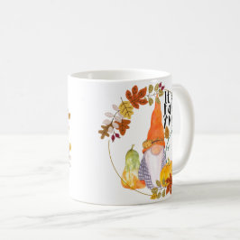 Gnome mug with pumpkins squash and fall leaves  koffiemok