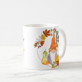 Gnome mug with pumpkins squash and fall leaves  koffiemok